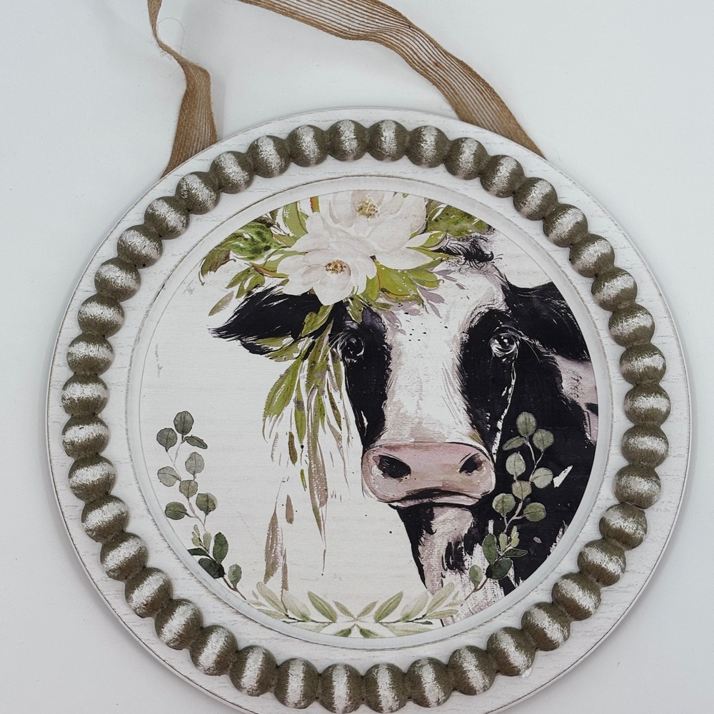 Hobby Lobby Wall Decor Unisex 13in White Farmhouse Floral Cow Beaded Round Sign